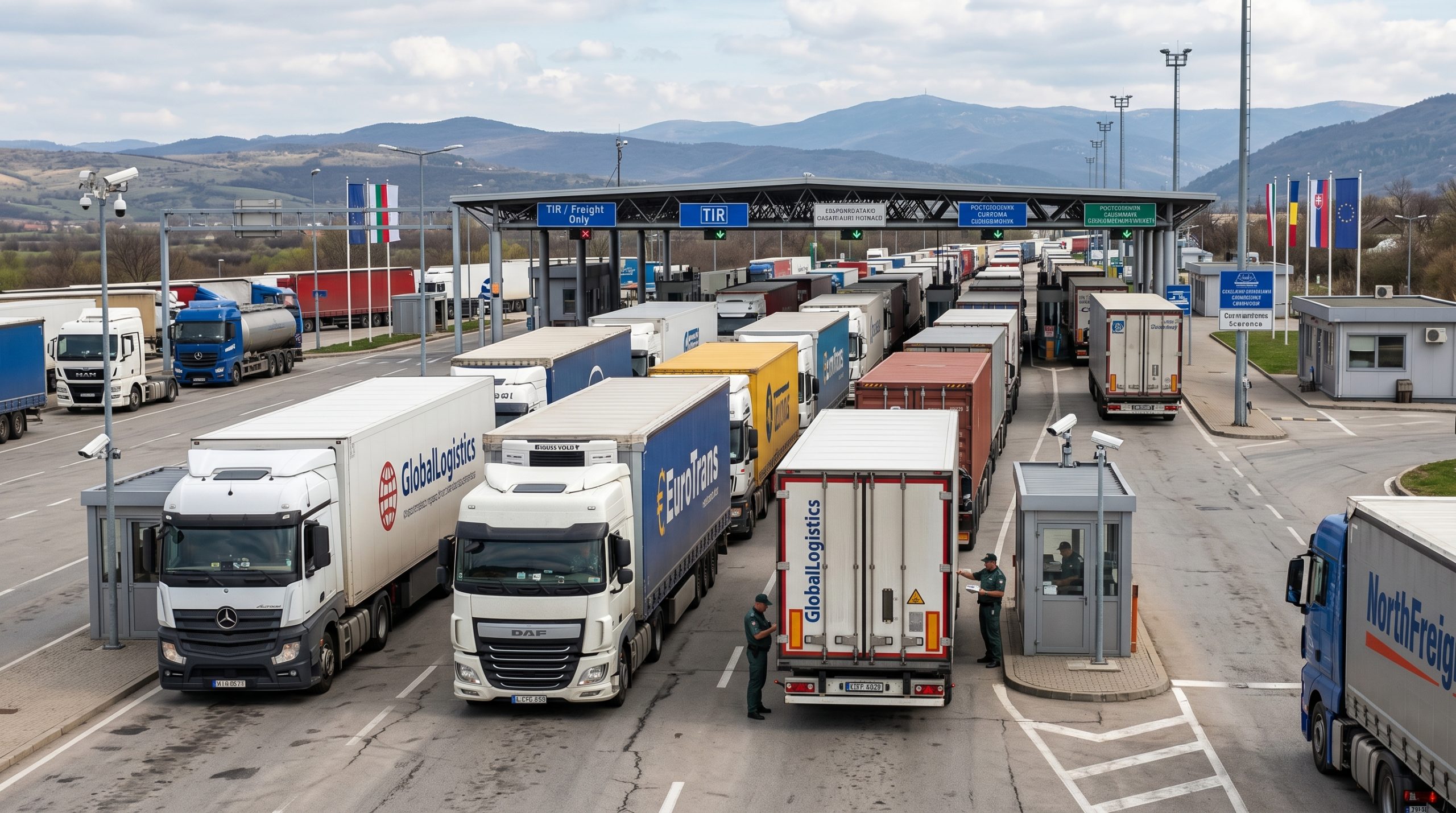 Transit cargo trucks at border crossing